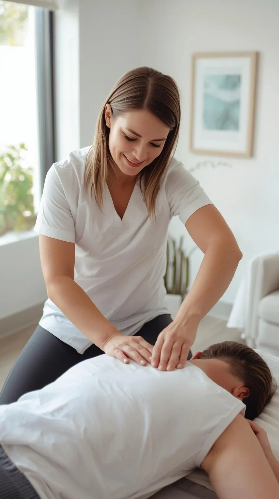 Chiropractor performing a manual spinal adjustment on a patient in a wellness center, focusing on pain relief and mobility improvement.