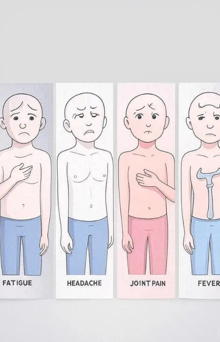 Illustration depicting symptoms of Lyme disease: fatigue, headache, joint pain, and fever with concerned characters representing early warning signs.