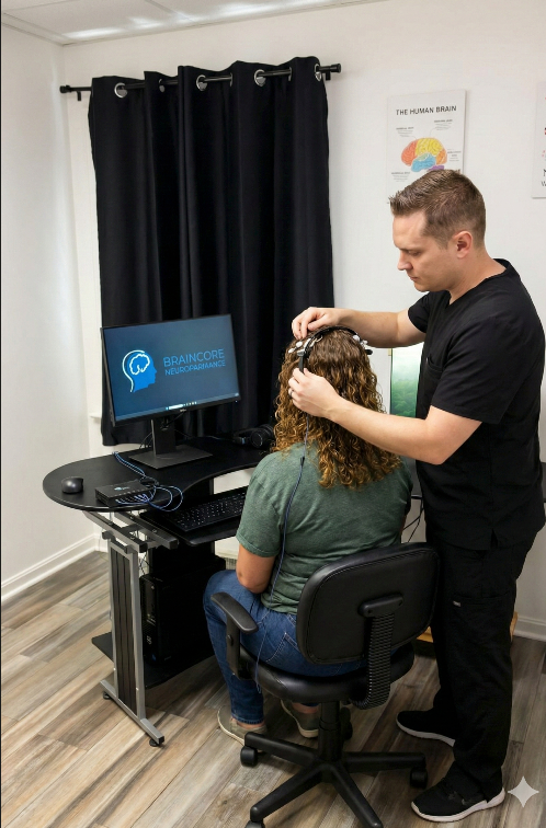 Patient receiving Braincore neurofeedback treatment from a clinician at Apex Chiropractic & Wellness Center, emphasizing advanced neurological care in a clinical setting.