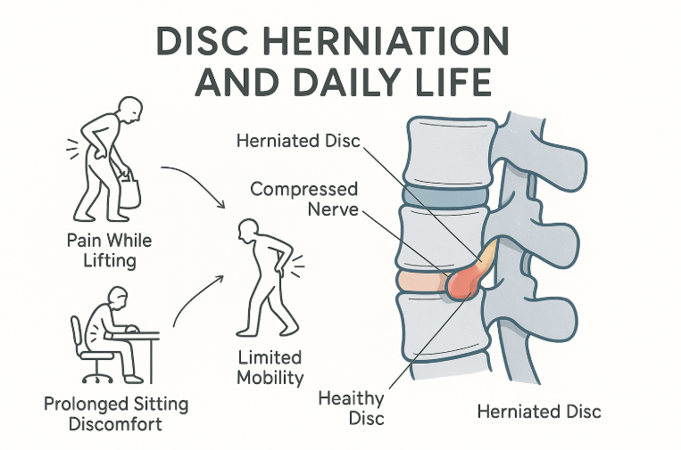 Illustration depicting disc herniation effects on daily life, highlighting pain from lifting, prolonged sitting discomfort, limited mobility, and the relationship between healthy and herniated discs compressing nerves.
