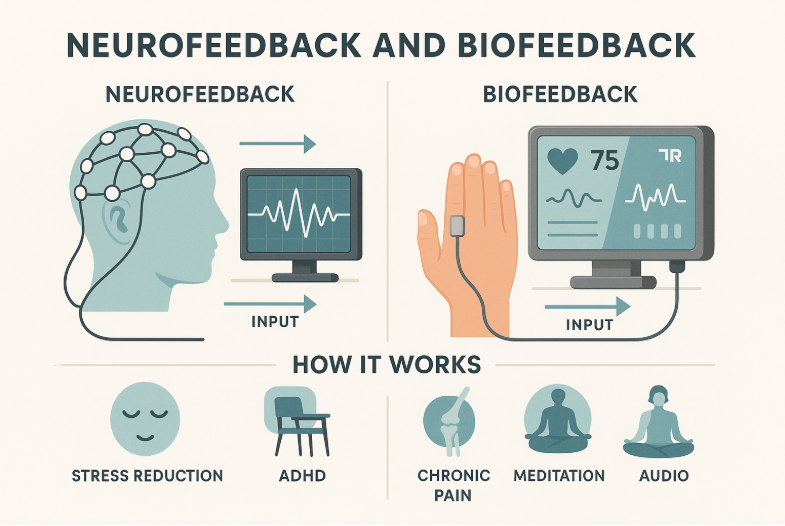 Infographic poster showing neurofeedback with an EEG-capped head and brainwave chart, and biofeedback with a hand and sensors, monitors displaying vital signs. Arrows illustrate feedback loops. Icons represent stress reduction, ADHD, chronic pain, and meditation. Labeled sections and modern vector style support accessibility.