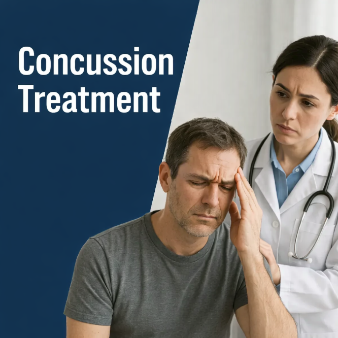 Educational infographic showing side profile of a human head with brain cutaways, highlighting concussion impact zones, symptoms icons. Clean, modern design intended for medical and community education.