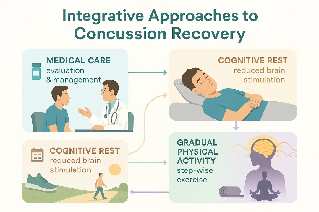 Infographic showing integrative concussion recovery: neurologist consult, cognitive rest, gradual exercise, and mind-body therapy. Color-coded sections feature clear icons and flat vector illustrations, connected by arrows for a holistic approach. Clean, spacious layout with explanatory labels and inviting, clinical design.
