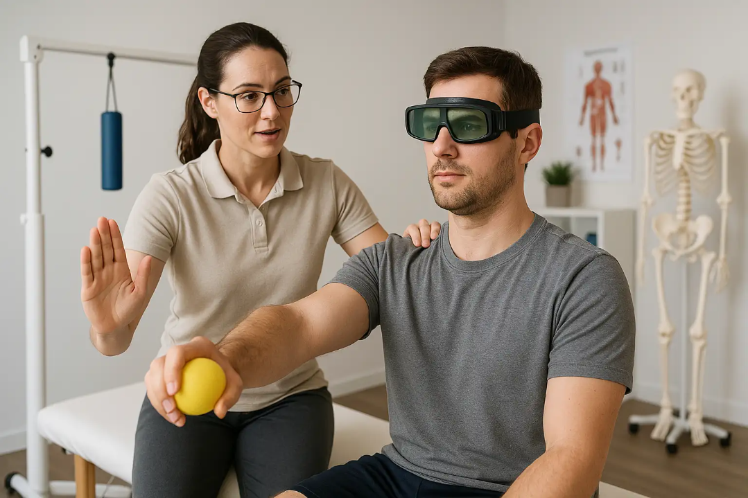 A physical therapist assists a patient in neurological rehabilitation exercises for concussion recovery, using adaptive equipment and clear communication in a clinic setting to promote safe and effective healing.
