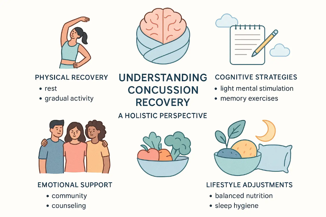 Infographic divides concussion recovery into four sections: physical rest, cognitive strategies, emotional support, and lifestyle adjustments. Features clear icons like a swaddled brain, stretching person, notepad, supportive friends, and healthy food, all in soothing colors with minimalist design and clear captions.