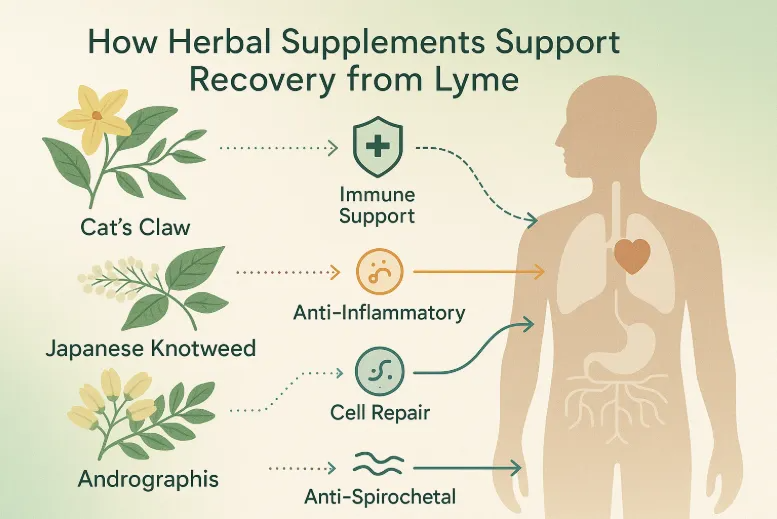 Infographic illustrating herbal supplements for Lyme disease recovery, featuring Cat’s Claw for immune support, Japanese Knotweed for anti-inflammatory properties, and Andrographis for cell repair and anti-spirochetal effects.
