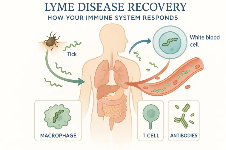 Lyme disease recovery infographic illustrating immune system response, featuring tick, human silhouette, and immune cells like macrophages, T cells, and antibodies.