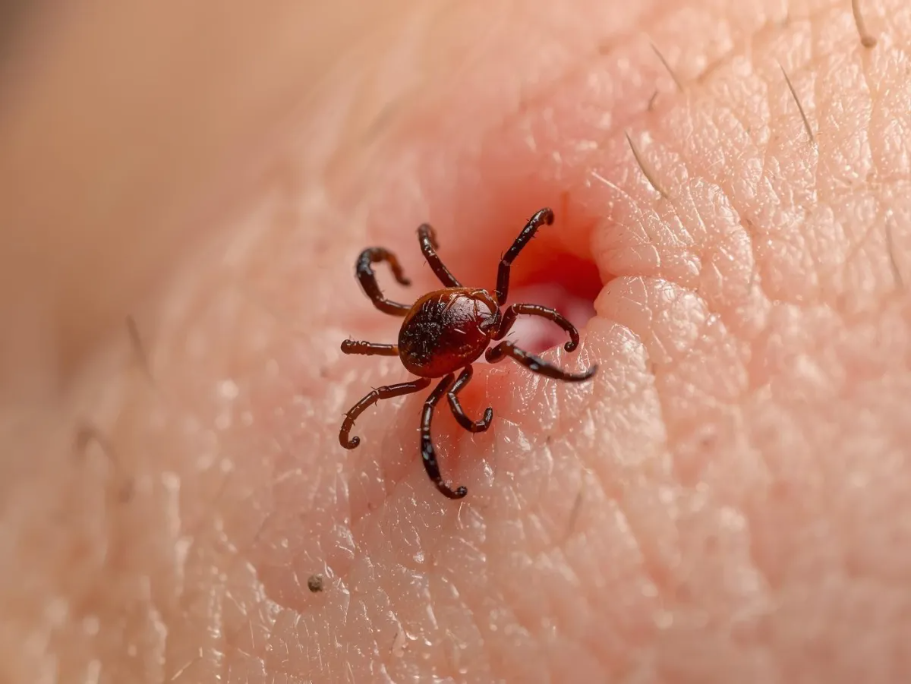 Close-up of a tick embedded in human skin, highlighting the risk of Lyme disease transmission and the importance of early detection and prevention strategies.