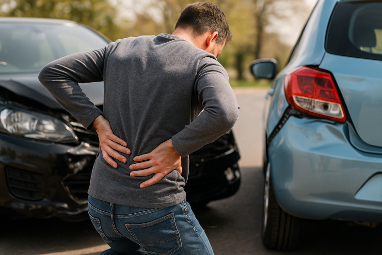 Man holding his lower back in pain after a car accident, with damaged vehicles in the background, illustrating common symptoms of car accident injuries like back pain and discomfort.
