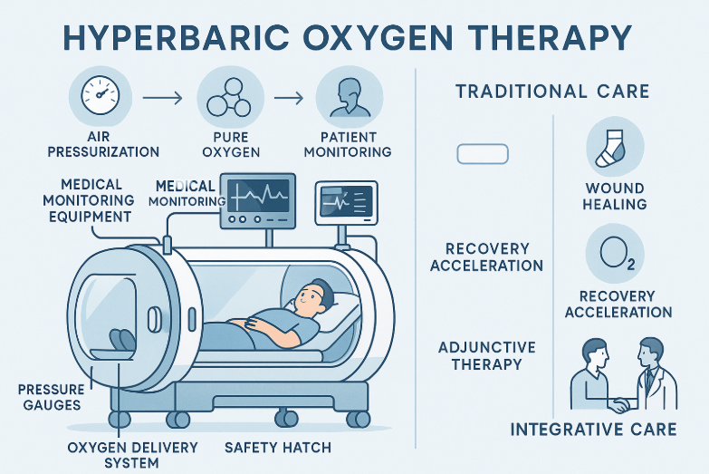 Educational infographic explaining hyperbaric oxygen therapy, featuring a labeled chamber with patient, therapy process icons, and infographics comparing traditional versus integrative care. Benefits like wound healing and recovery are visually highlighted using minimalist medical-themed icons on a soft blue-and-white clinical background.