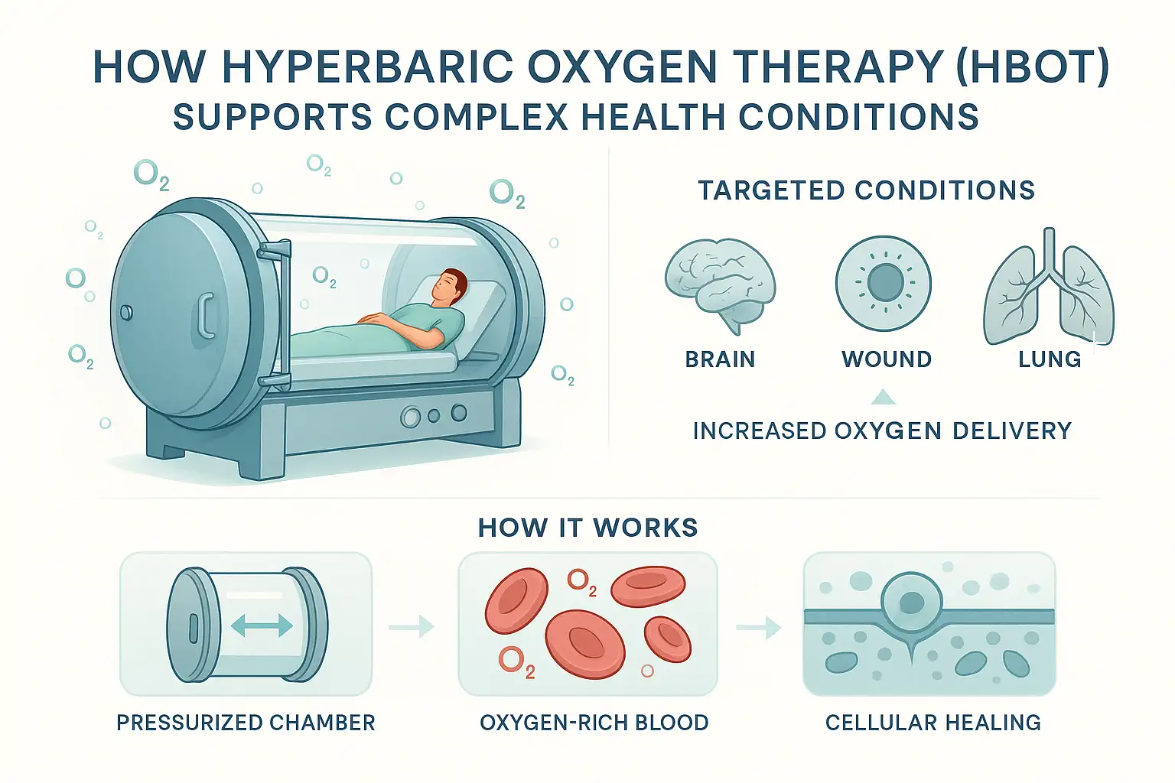 Educational infographic showing a patient in a hyperbaric chamber, oxygen molecules, anatomical icons (brain, wound, lung, circulatory system) with arrows for oxygen flow, and step-by-step panels illustrating pressurization, oxygen-rich blood, and cellular healing. Medical colors and clear labels ensure accessibility and clarity.